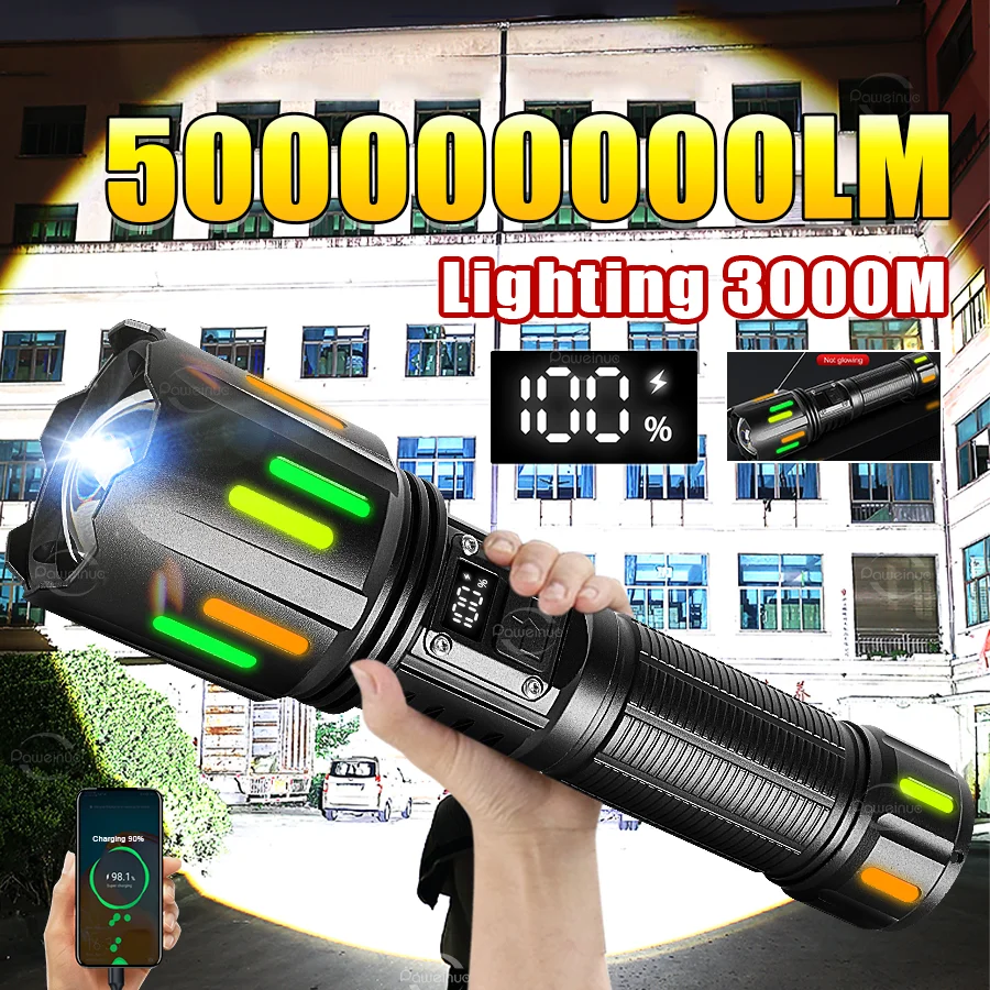 جديد عالية الطاقة 50000000LM مصباح ليد جيب قابلة للشحن السوبر مشرق الشعلة طويلة المدى 3000 متر التكتيكية فانوس التخييم مصباح صيد