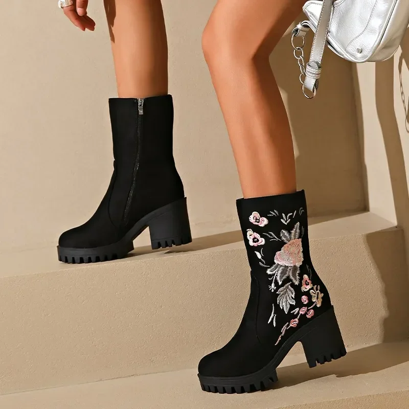 Embroidered Flower High Heels Ankle Boots Suede Chunky Women Shoes 2025 Trend New Elegant Cozy Chelsea Boots Goth