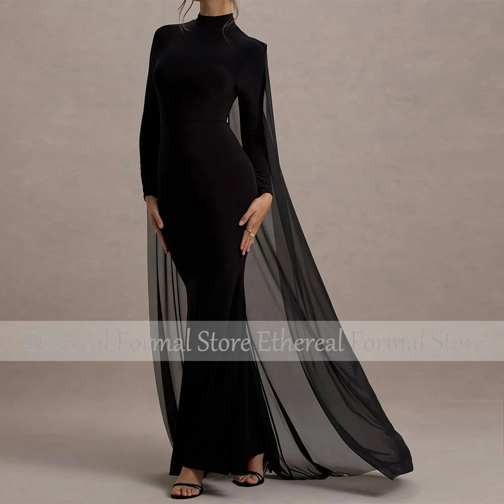 Black Evening Dress High Neck Mermaid Women's Evening Gown With Float Long Sleeves Trumpet Formal Dresses