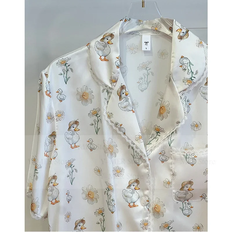 

Сексуальная пижама с кружевной отделкой Mujer, пижама с милым принтом утки, 2 шт., шорты, костюм, женская свободная ночная рубашка, одежда для сна, летние пижамы 2025 г., Femme