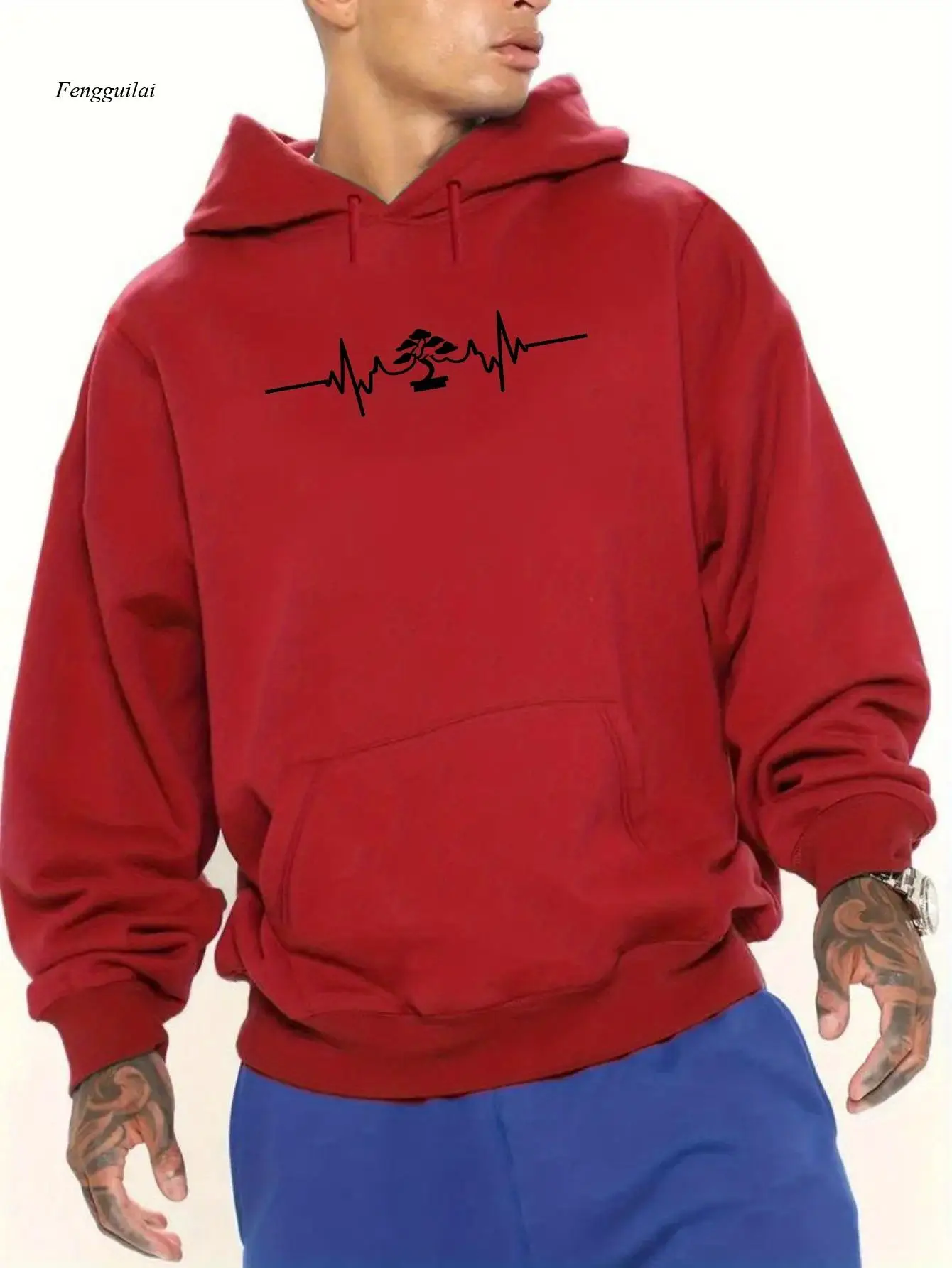 Cozy Fleece Hoodie with Tree Pattern - Casual Pullover Sweatshirt for Fall/Winter, Long Sleeve, Kangaroo Pocket