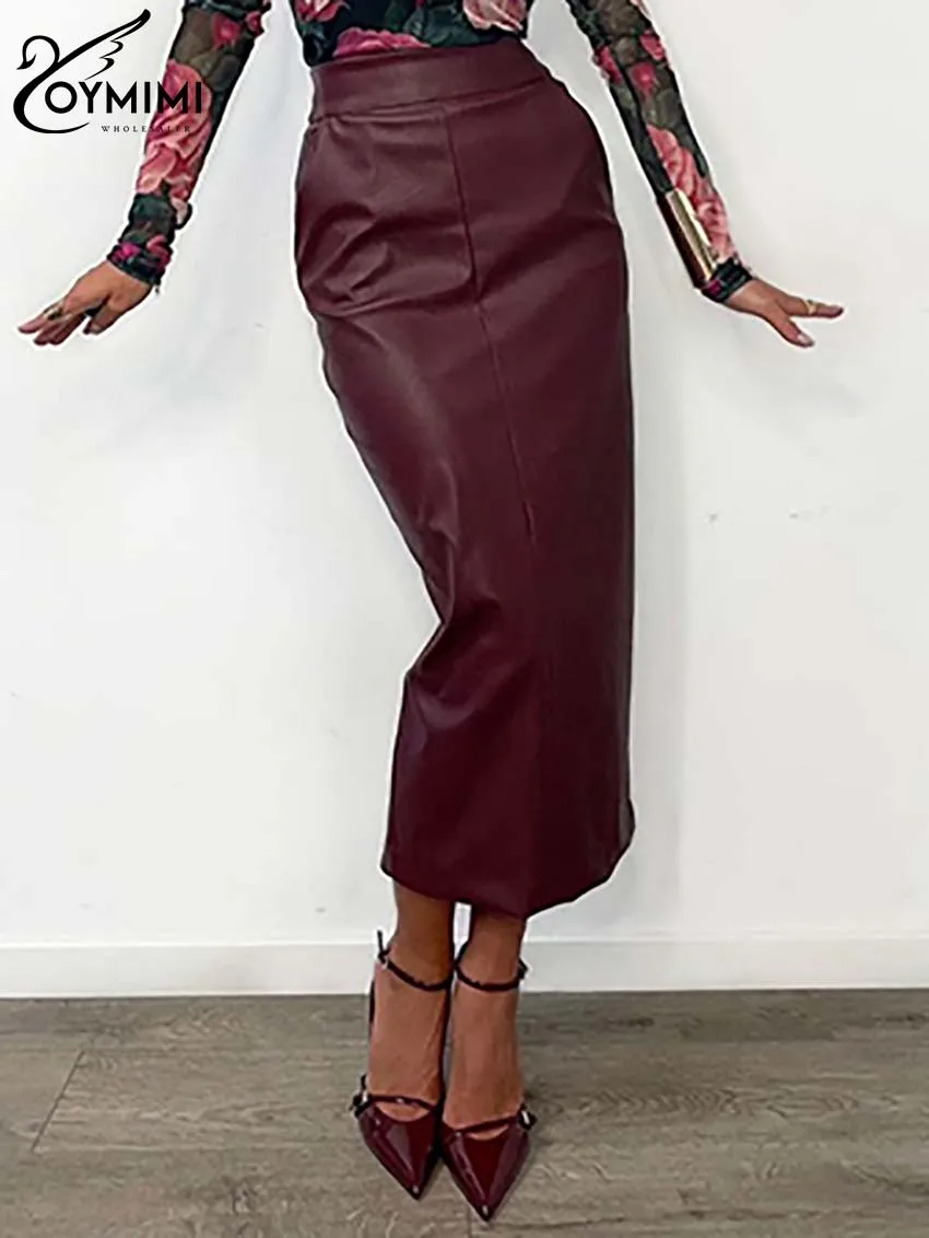 Oymimi Elegant Wine Red Pu Leather Skirts For Women Fashion High Waist Pockets Slim Skirts Casual New Straight Mid-Calf Skirts