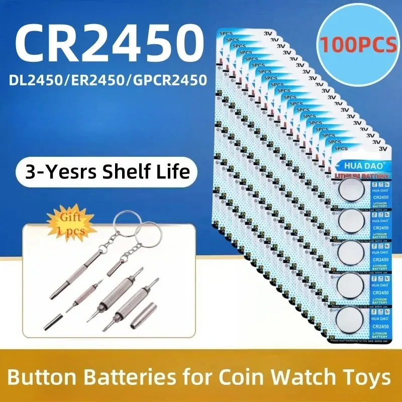 100PCS CR 2450 3V Lithium Rechargeable Batteries Replaced CR2450 DL2450 BR2450 For Remote Control Watch Button Coin Cell