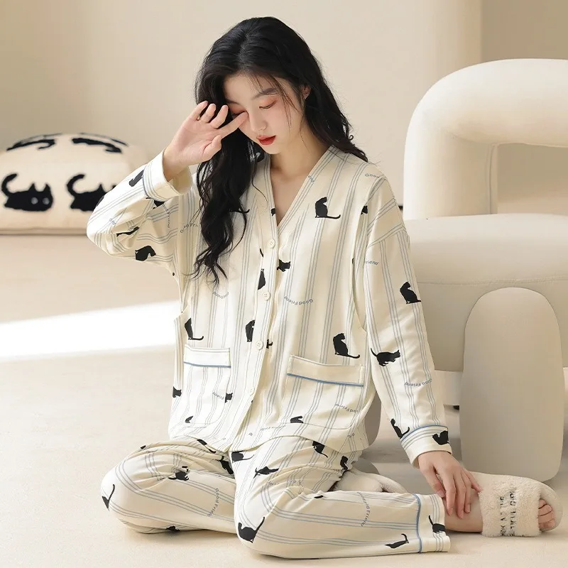 New Autumn， Comfort， Pure Cotton Long-sleeved Cardigan and Long Pants, Antibacterial Maternity and Postpartum Breastfeeding Set.