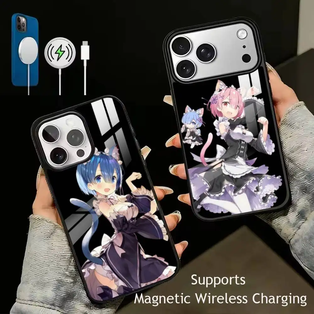 

Anime Re0 Ram and Rem Phone Case For iPhone17,16,15,14,13,12,11 Plus,Pro Supports Magnetic Wireless Charging