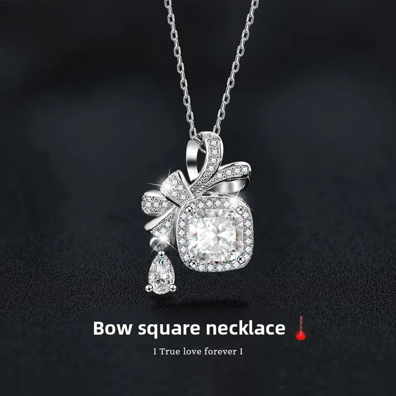 

S925 Silver 1.5Ct D Moissanite Bow & Square Pendant Necklace for Women