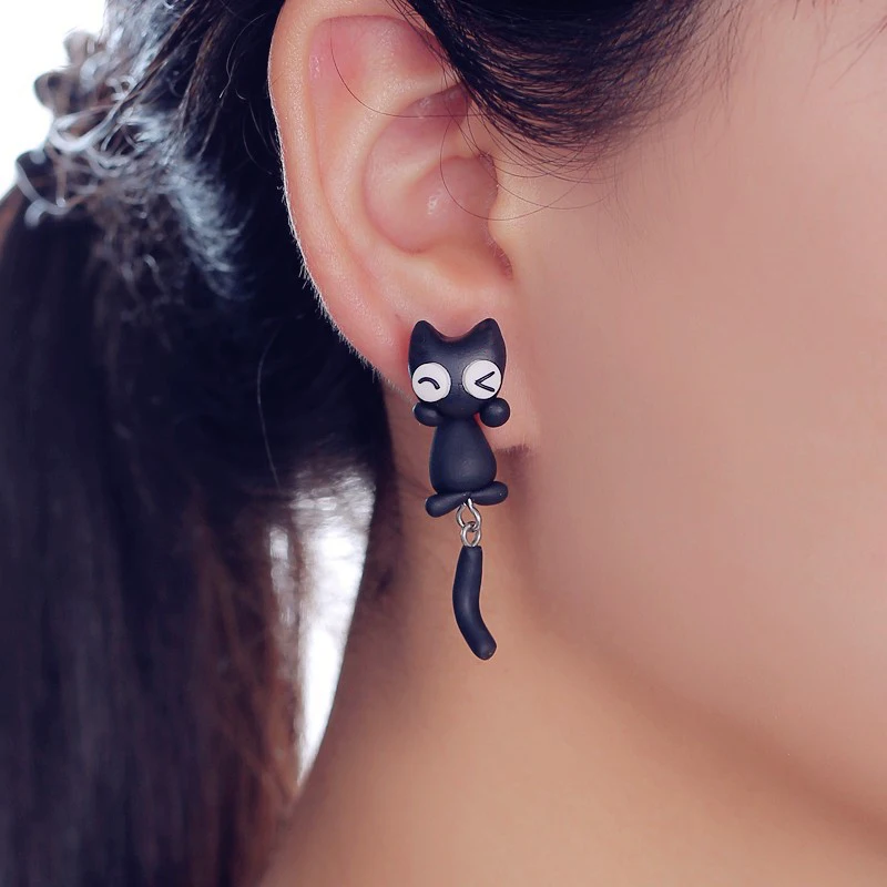 TTPAIAI 30 Brand Red Crystal Ear Cute Cat Stud Earrings for Women Girls Fashion Handmade Polymer Clay Animal Earrings Jewelry