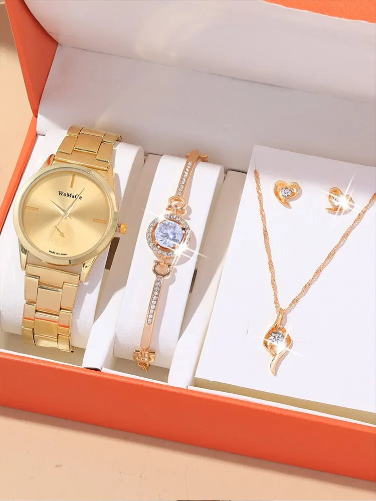 5pcs Women's Fashion Simple Gold Steel Band Quartz Watch+Bracelet+Necklace+Ear Stud Combination Set