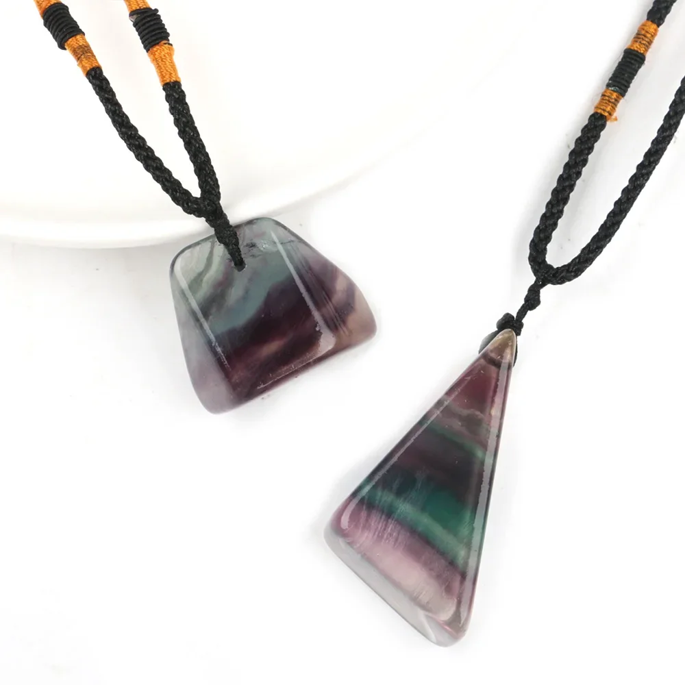 Rainbow Fluorite Pendant 1PC Irregular Shape Reiki Natural Crystal Slice Raw Quartz Gemstone Necklaces Black Rope for Women Gift