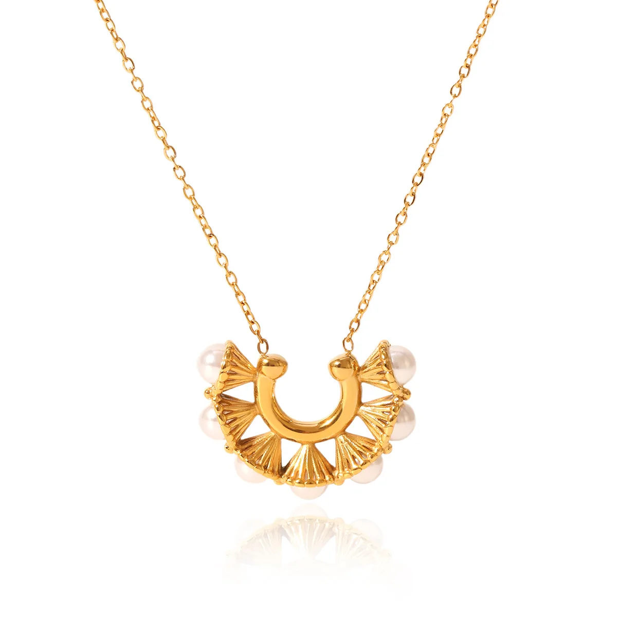 U-shaped Trumpet Pearl Inlaid Pendant Necklace for Women, Niche Design Titanium Steel Clavicle Chain