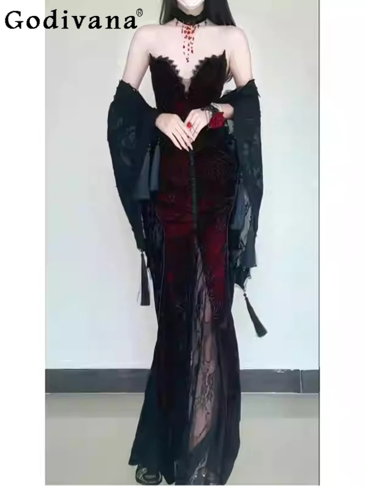 

Spring Summer New Dark Gothic Elegant Shawl Cardigan Temperament V-neck Versatile Age-reducing Sexy Lace Strapless Dress Sets