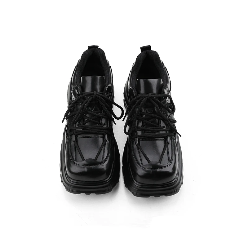 Cool Boy Original Square Headed Chunky Platforms Young Men's All Black Thick Soles Personality Heightening Shoes