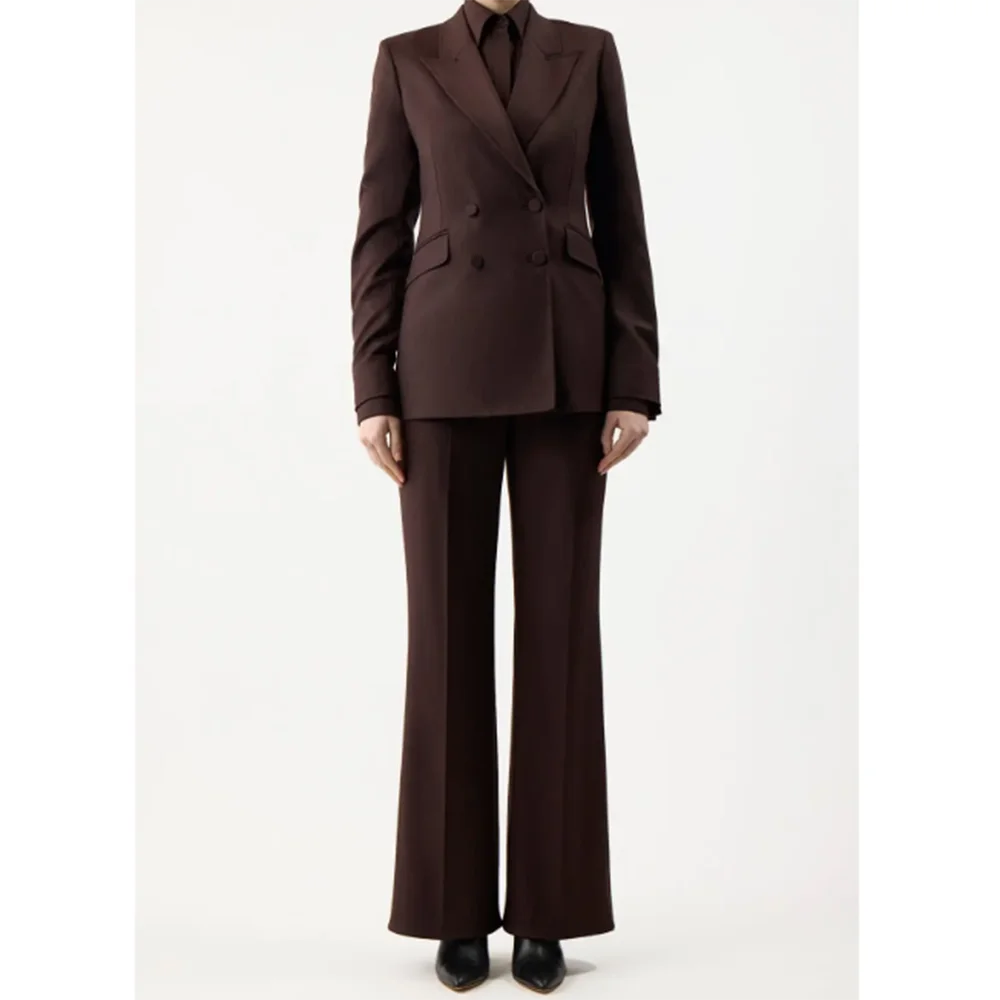 Brown Office Lady Ensembles Pantalons Double Breasted Peak Lapel Two-pieces (Jacket+Pants) Formal Conjuntos Femininos Elegantes