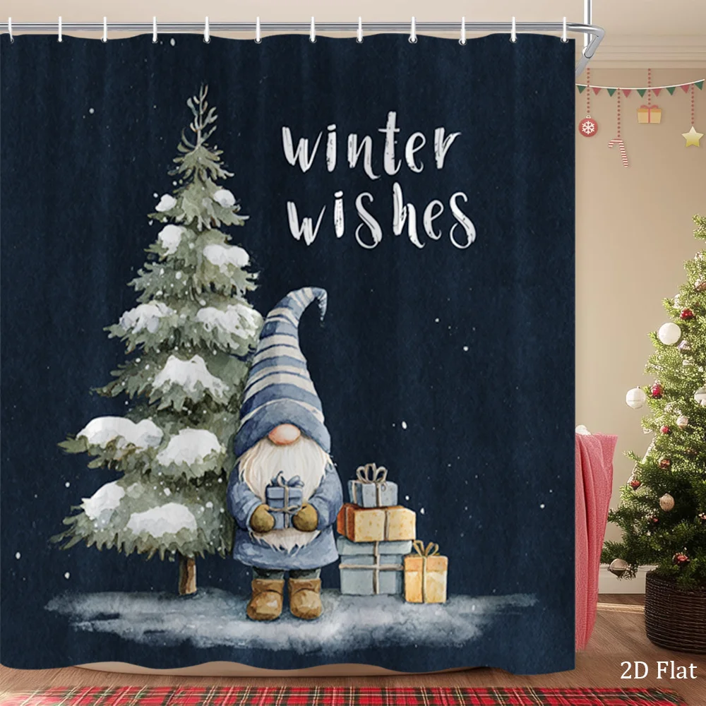 

1 шт. зимняя занавеска для душа с гномом, снежным деревом и подарками - 70,8x70,8 дюймов, декор для ванной комнаты из полиэфирной ткани, 12 крючков в комплекте