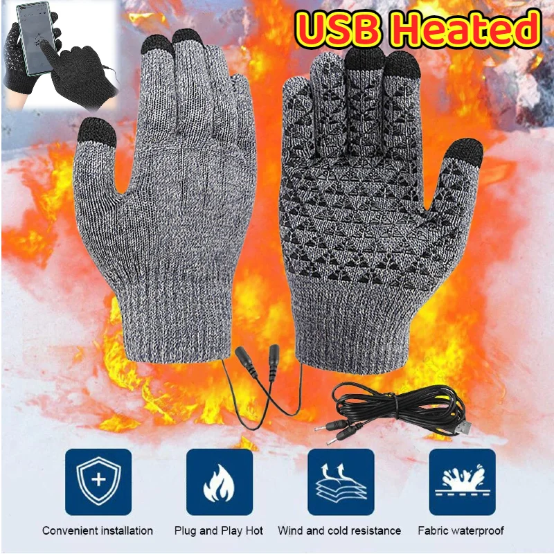

USB Heated Knitted Gloves Full Finger Warm Gloves Non-Slip Touch Screen Gloves Thicken Winter Cycling Gloves for Men Women
