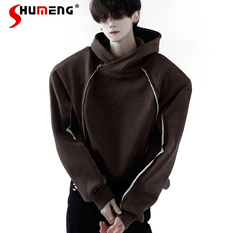 

Fashion Hooded Fleece Sweatshirts Men Shoulder Pads Loose Fit High-end Tops Simple Comfort Hoodies Male Loose Chic Trendy Tops
