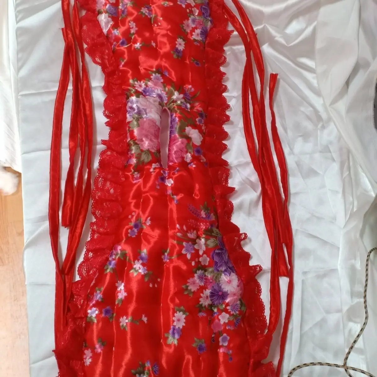Red Floral Print Satin Lace Trim Briefs Lace Up Waist Open-crotch Underwear Fill Cotton Soft Fluffy Couple Cosplay Sexy Lingerie