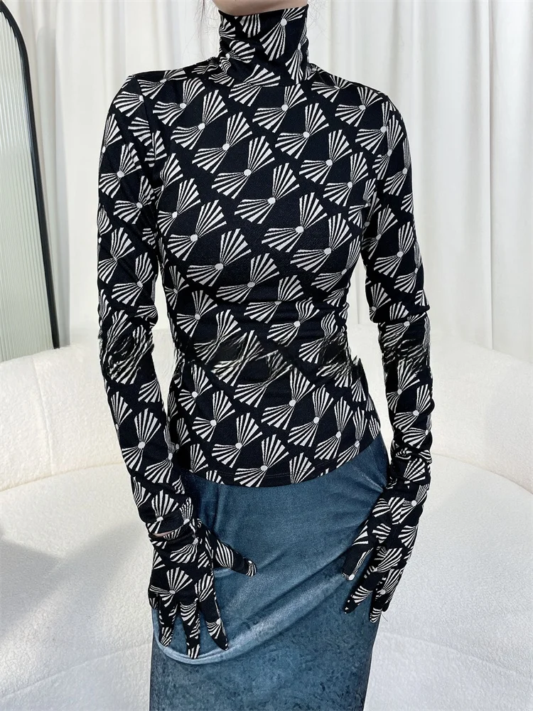 

Zongzixin Slim Fit Elastic High Collar Long Sve Floral Embroidery Base irt Top Women's Faion Autumn Winter T-irt