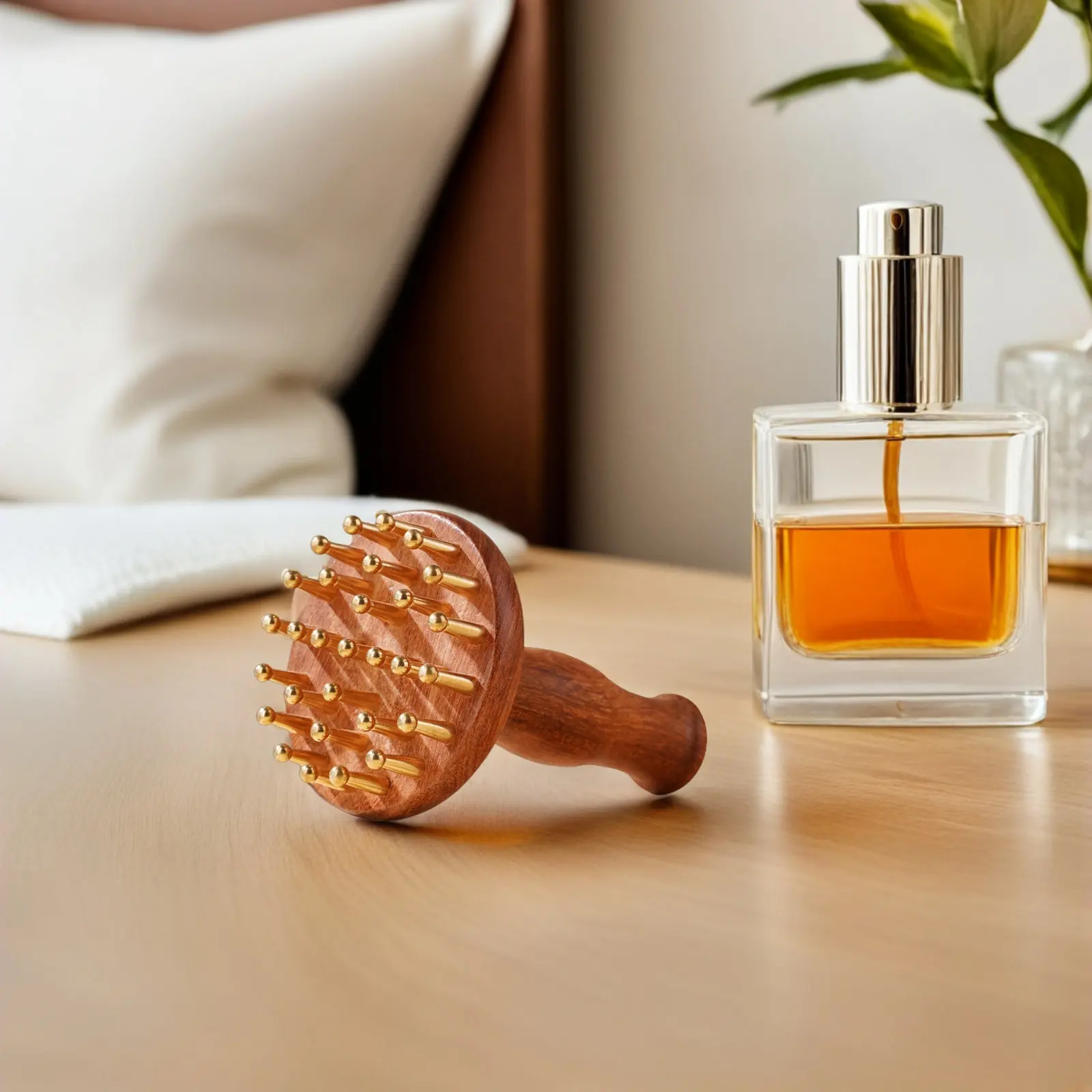 Sandalwood Brass Meridian Massage Brush Wooden Handle Body Scalp Massager Relaxation Pressure Point Guasha Hair Care Tool