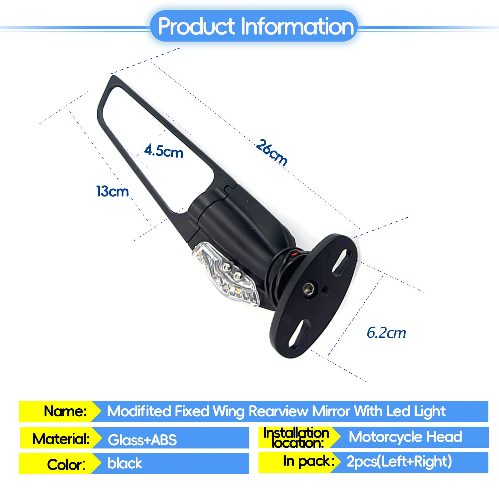 Motorcycle Modifitied Fixed Wing Rearview Mirror Wind Knife Reflector With Leds fit for ZX10R ZX6R Z636 ZX622 2018-2021 1000RR