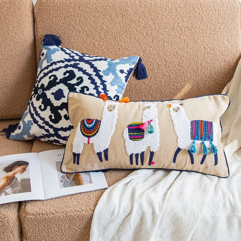 Boho Vintage Embroidered Cushion Cover 30*60cm Ethnic Style Fringed Lumbar PillowCase Alpaca Floral Pompom Tassels Throw Pillows