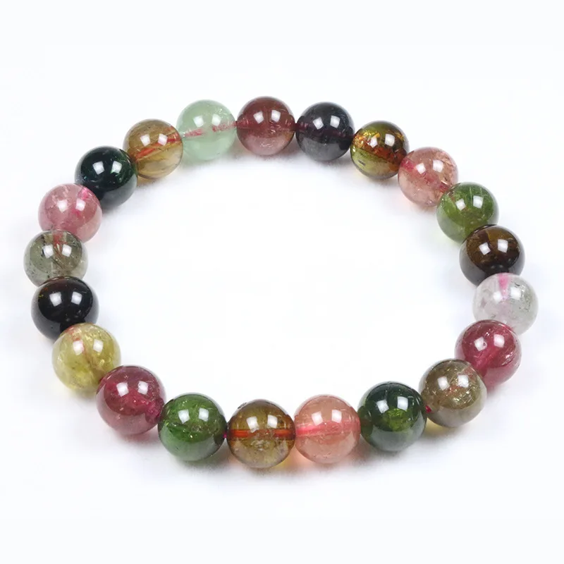 Natural Rainbow Tourmaline Single Loop Bracelet Round Bead Stretch Bangle Women Colorful Gemstone Jewelry