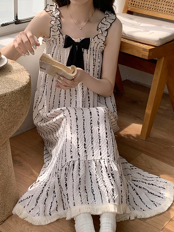 

Summer New Women's Che Nightgown with Chest Pad Home Clothes plus Size Thin Medium Length Can Be Worn outside Strap Sp...