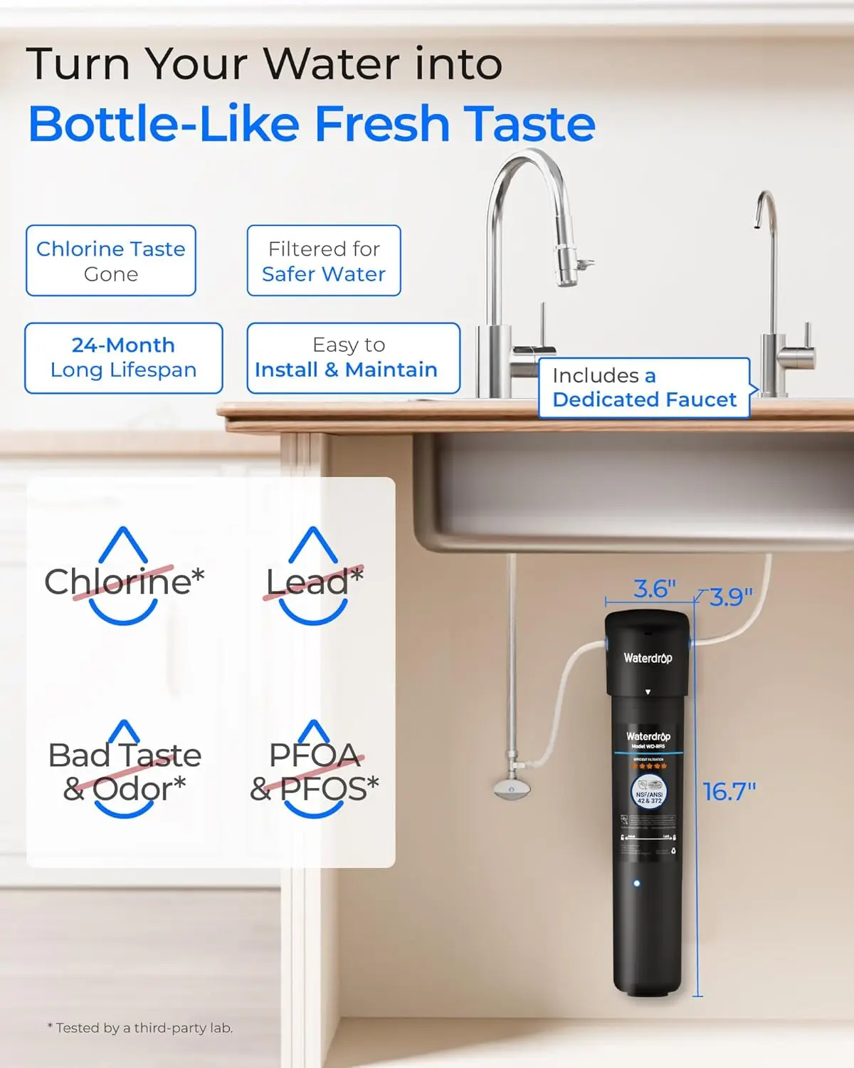 Waterdrop 15UB Under Sink Water Filter System with Dedicated Faucet | Reduces PFAS, PFOA/PFOS, Lead, Chlorine, Bad Taste & Odor, Under Sink Water Filter, NSF/ANSI 42 Certified, 2 Years