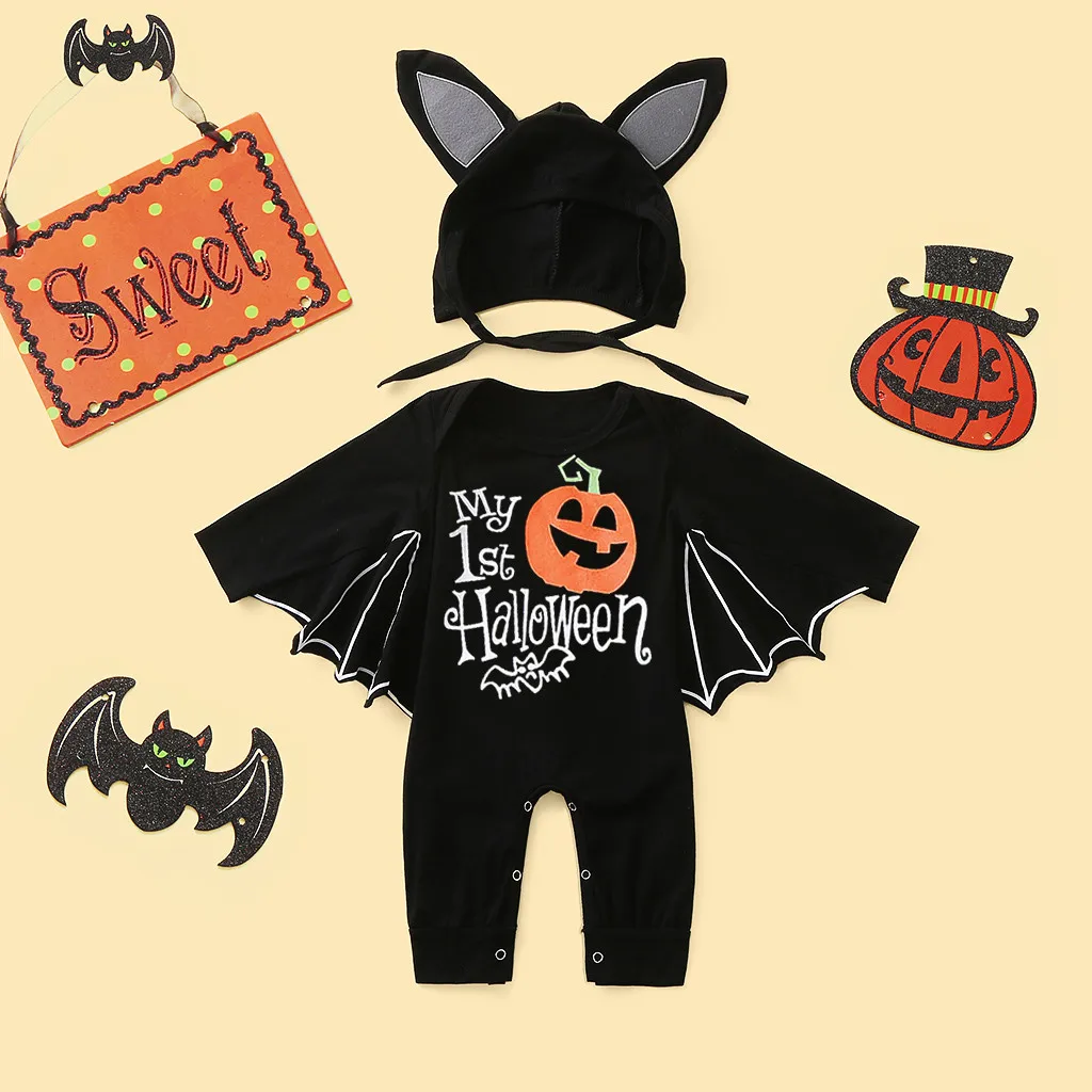 Jumpsuits Hat Infant Baby Boys Halloween Black Bat Costume Cosplay Outfits Girls Boys Romper Jumpsuit Carnival Fancy Dress