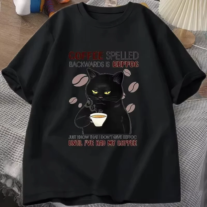 Coffee Spelled Backwards Cat T shirt Men Funny Cute Graphic Tees Women's Shirts T Shirt Oversized Womens Clothes Kids Tshirt