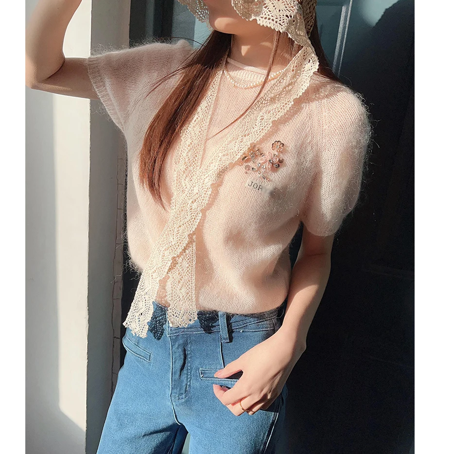 

Мягкий уютный женский вязаный свитер с коротким рукавом, свободного кроя, из смесовой шерсти, весенний модный комплект из двух предметов с круглым вырезом