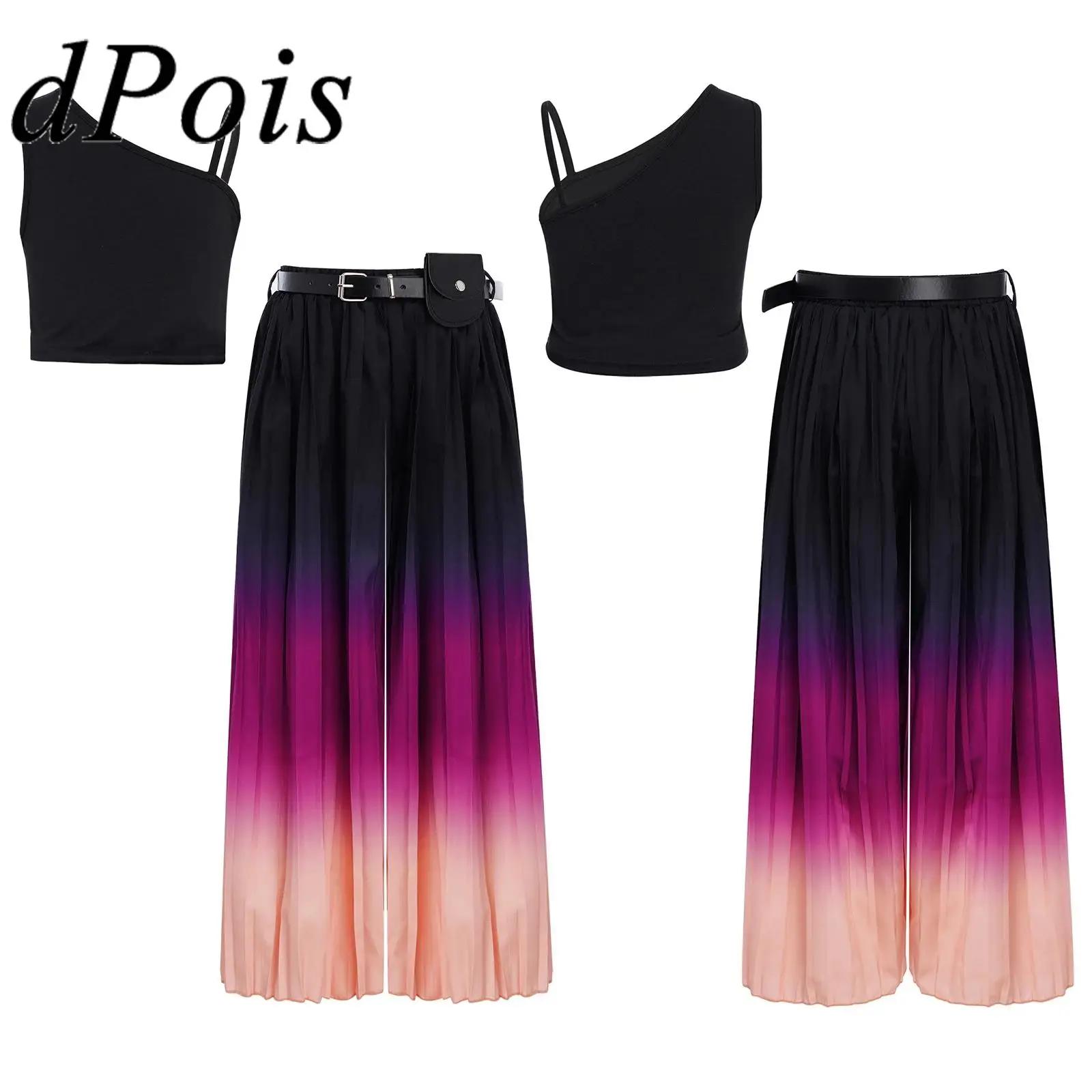 Kids Girls Dance Outfit Gradient Children's Clothes Set Modern Dance Performance Wear Sleeveless Vest Pleated Wide Leg Pants