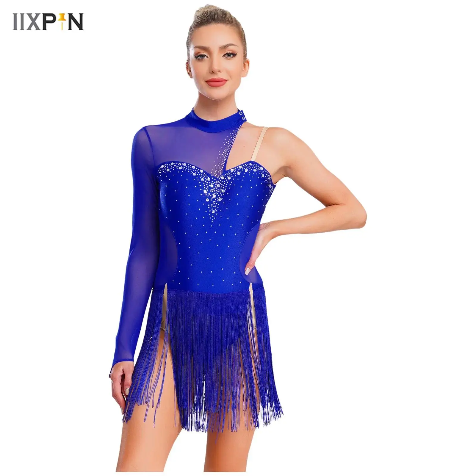 

Women's Lyrical Dance Leotard Dress Sheer Mesh Cutout Back Sparkling Rhinestone Asymmetrical Fringed Dress Latin Tango Dancewear