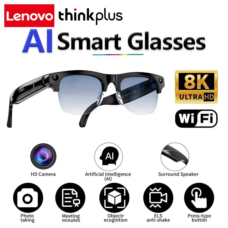 Lenovo Thinkplus Smart AI Glasses Upgrade 8K Shooting Camera Photo Video Voice Call Translation Bluetooth AI Motorcycle Glasses