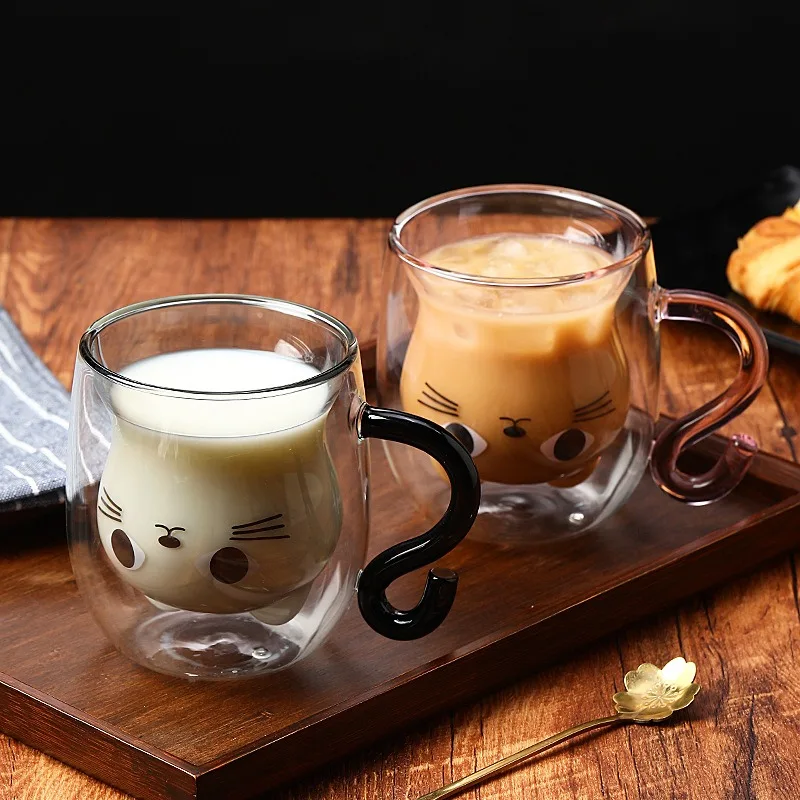 JUSTINLAU 250ml Cat Mugs Double Vacuum Cute Tea Cups with Handle Glass Cat Coffee Mug Temperature Resistant Glass Water Milk Mug