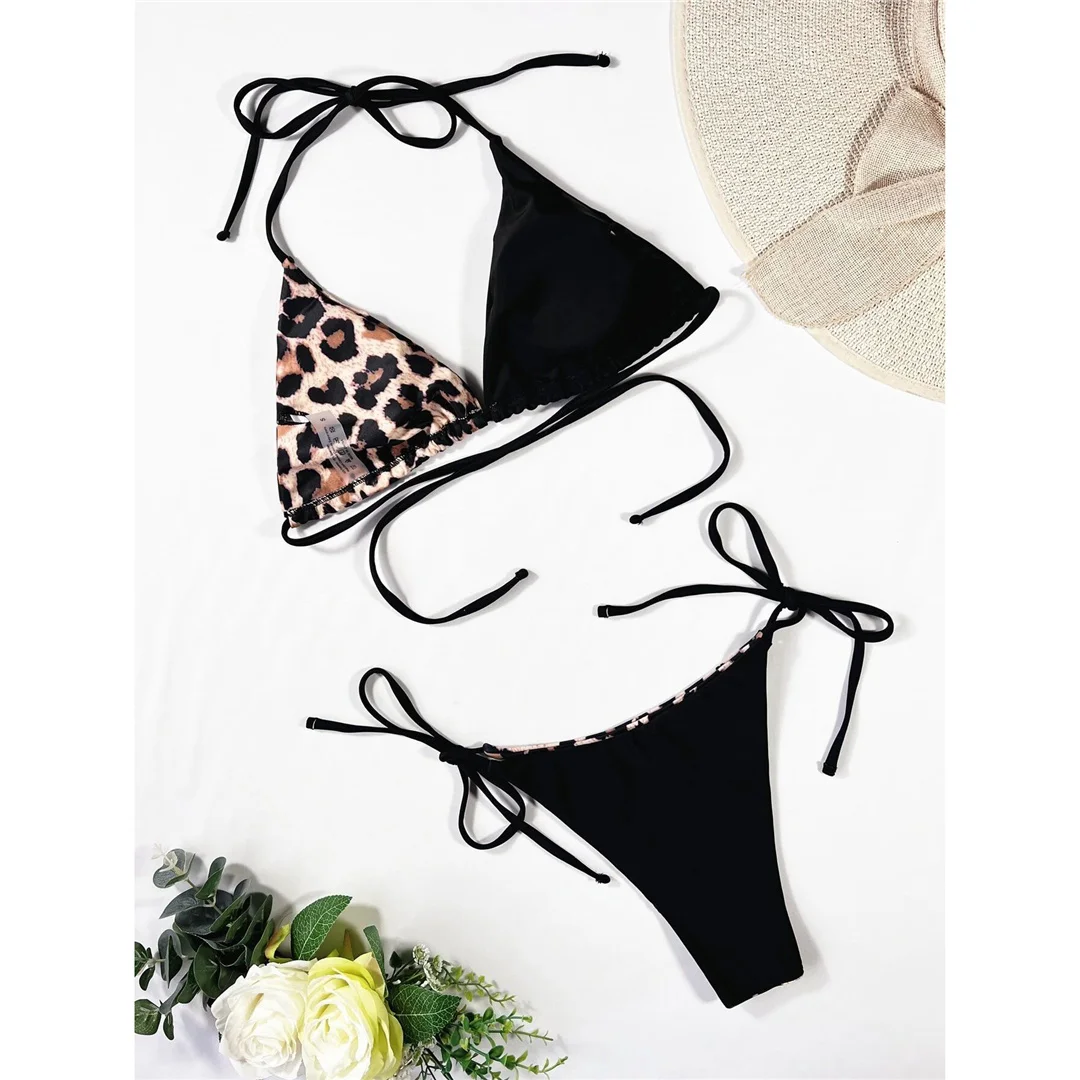 Leopard-Splicing-Halter-Bikini, Damen-Badeanzug, zweiteiliges Bikini-Set, Badeanzug mit hohem Beinausschnitt, Badebekleidung, Modell V7971. – Detail 7