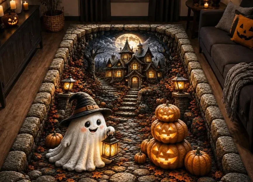 Halloween-Themed Area Rug with Spooky Pumpkin Halloween Area Rug 2D Illusion Rug Halloween Pumpkin Area Rug, Printed 3D Effect,