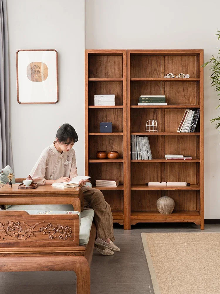 Solid Wood Bookcase Old Elm Floor Storage Bookshelf Glass Bookcase with Door