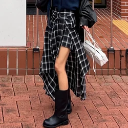 Korean chic autumn retro high waist versatile strap irregular design feeling checkered half body skirt pants skirt for women