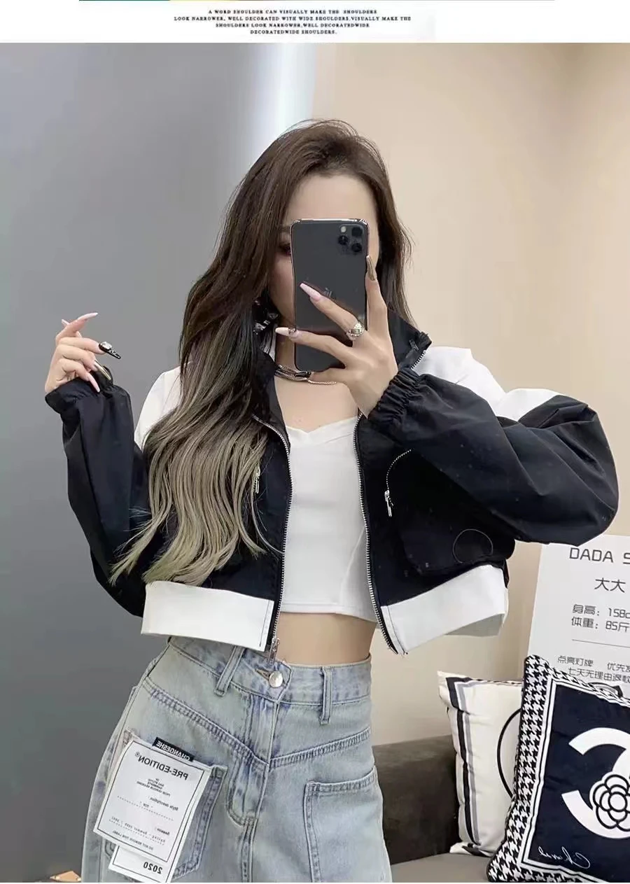 Bomber Jacket Women Spring  Summer Short Jackets Streetwear 3D Big pockets black white Contrast Coat  windbreaker outwear