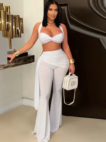 Beyprern Yeni Şık Büküm Ön Kırpma Üst Ve Uzun Sapanlar Geniş Bacaklar pantolon seti Bayan Dantelli Metal Eşofman Seti Gece Tulumları