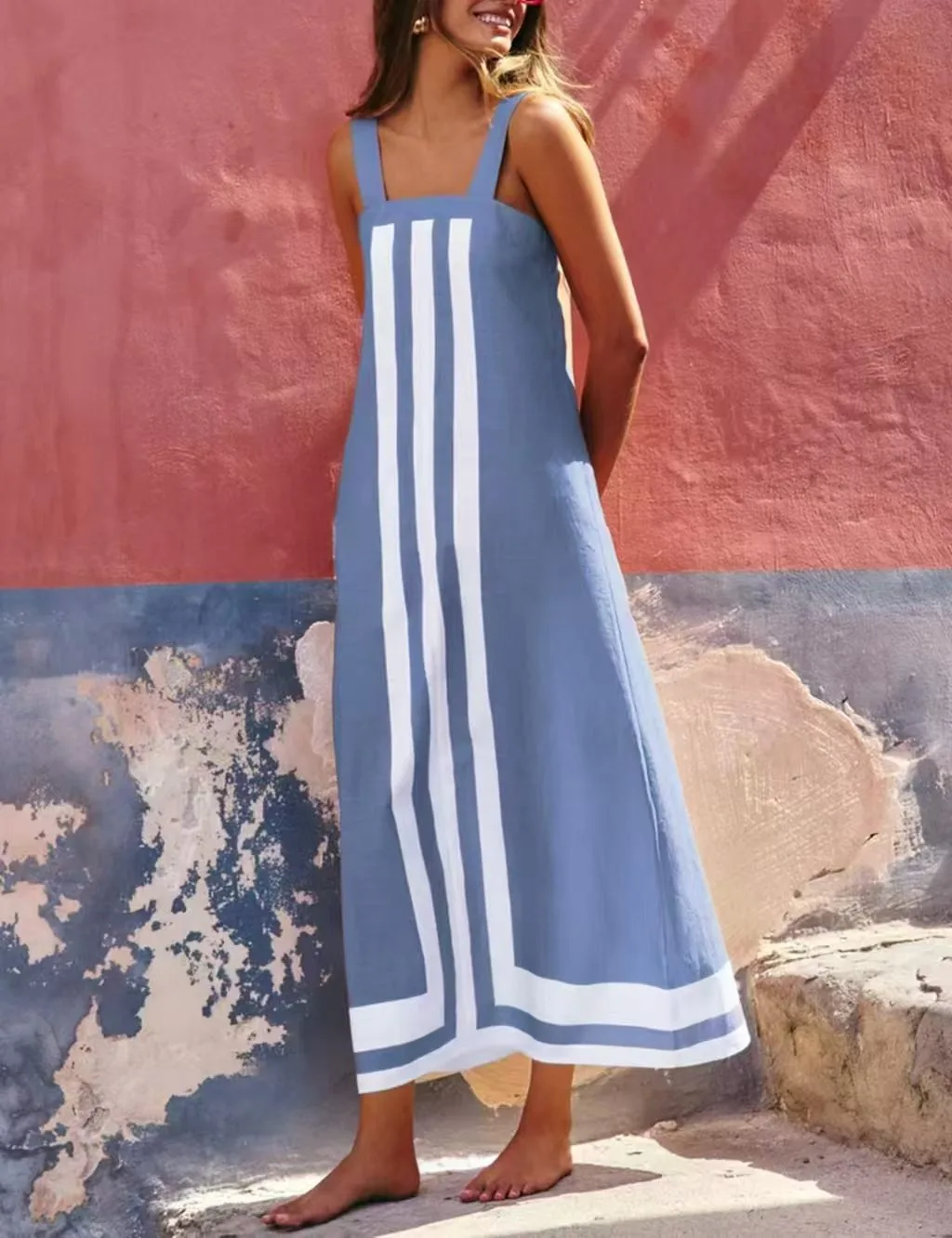 

2025 Summer Fashion New Women's Elegant Beach Vacation Dress Sexy Temperament Color Blocked Strap Bohemian Long Dress