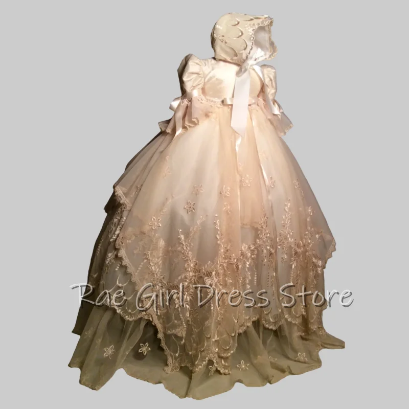 Christening Flower Girl Dress Puff Short Sleeve Floral Embroidery Floor Length Gowns For Baptism Baby Shower Customized