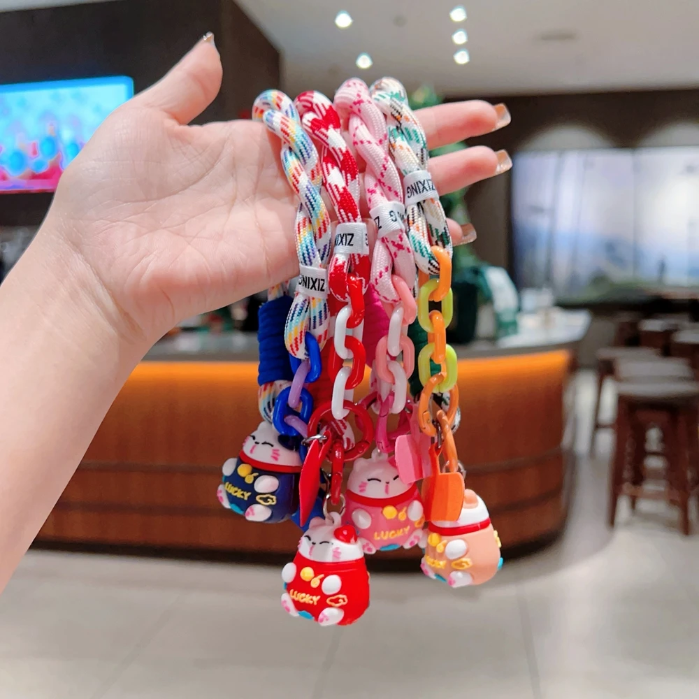 Universal Braided Mobile Phone Lanyard Strap Cartoon Cat Hanging Chain Ring Cord with Patch Wrist Strap Cell Phone Detachable