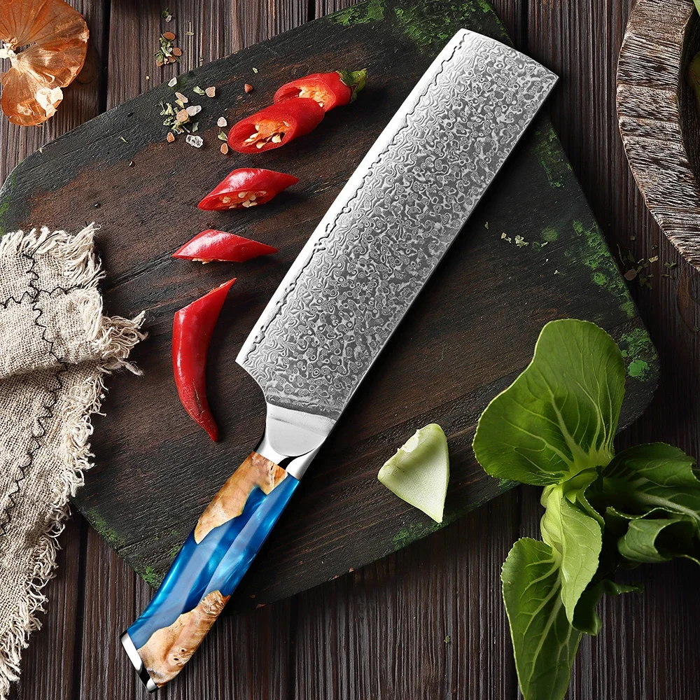 

Damascus Nakiri Knife 7 Inch Razor Sharp Kitchen Chef Knife Meat Vegetables Chopping Cleaver Lightweight Ergonomic Handle