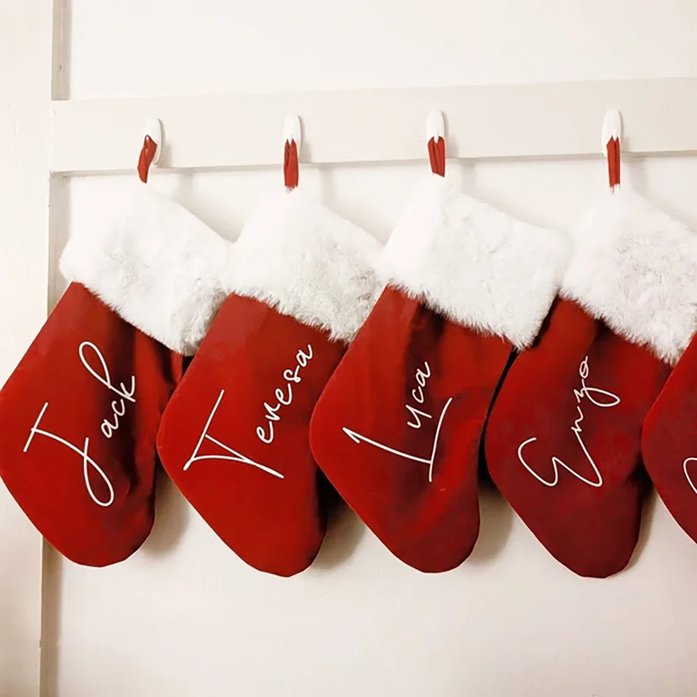 

Custom 1 Pcs Red Plush Christmas Stocking Fireplace Pendants Children's New Year Candy Bag Home Decor Christmas Gift Santa Claus