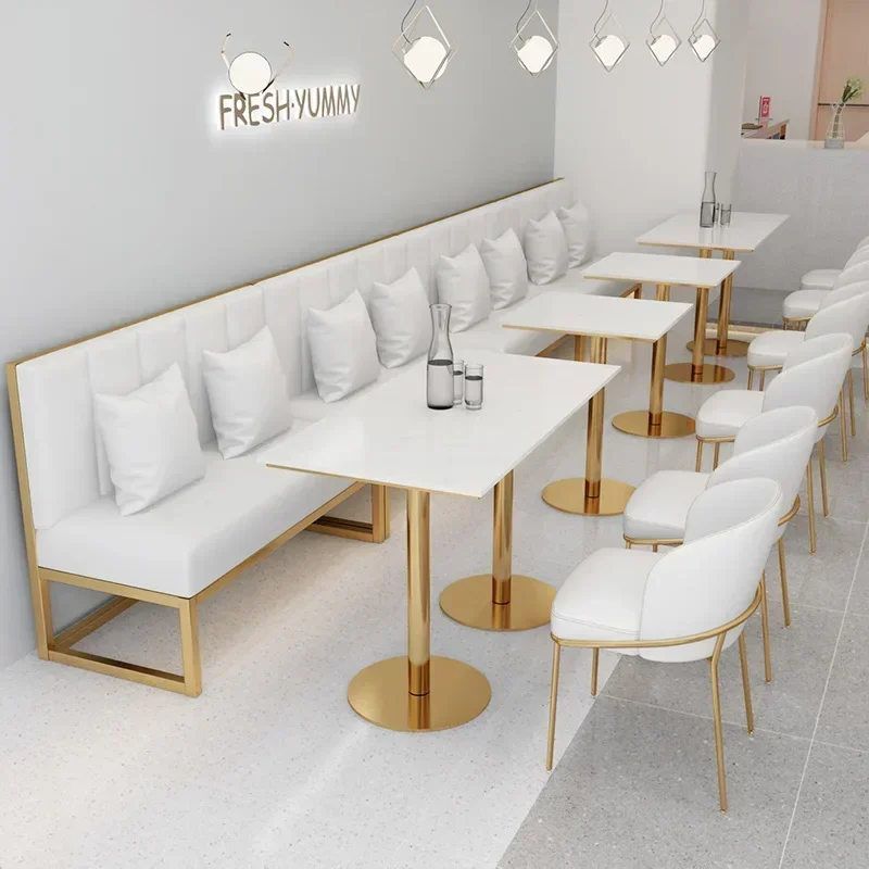 Modern Luxury Cafe Restaurant Coffee Shop Dining Furniture Sofa Booth Golden Metal Frame Table and Chairs Sets