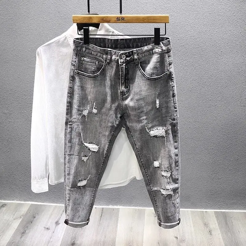 

Black and Gray Elastic Slim-fitting Jeans Men's 2026 Spring and Summer Korean Trendy Ripped Pants Casual Luxury Man Brand Pants