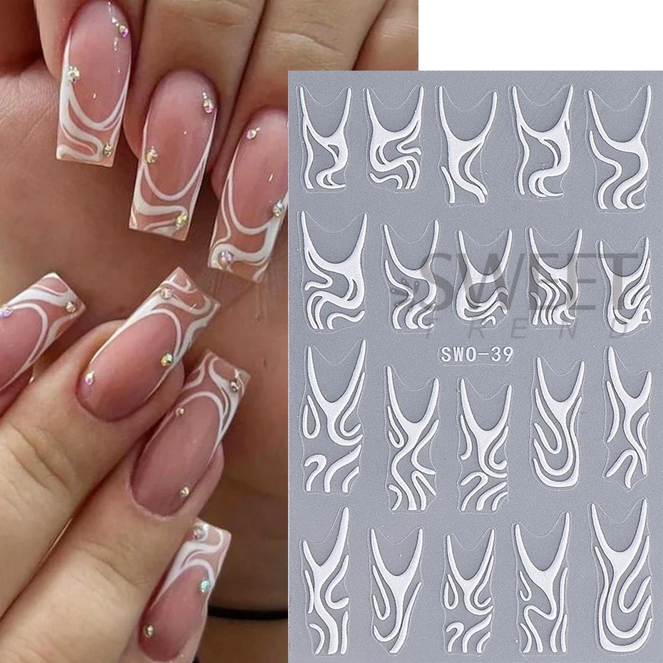 White Swirls Lines Nail Stickers 3D French Abstract Lines Self-Adhesive Sliders Nail Decals Halloween Manicure Decor Accessories