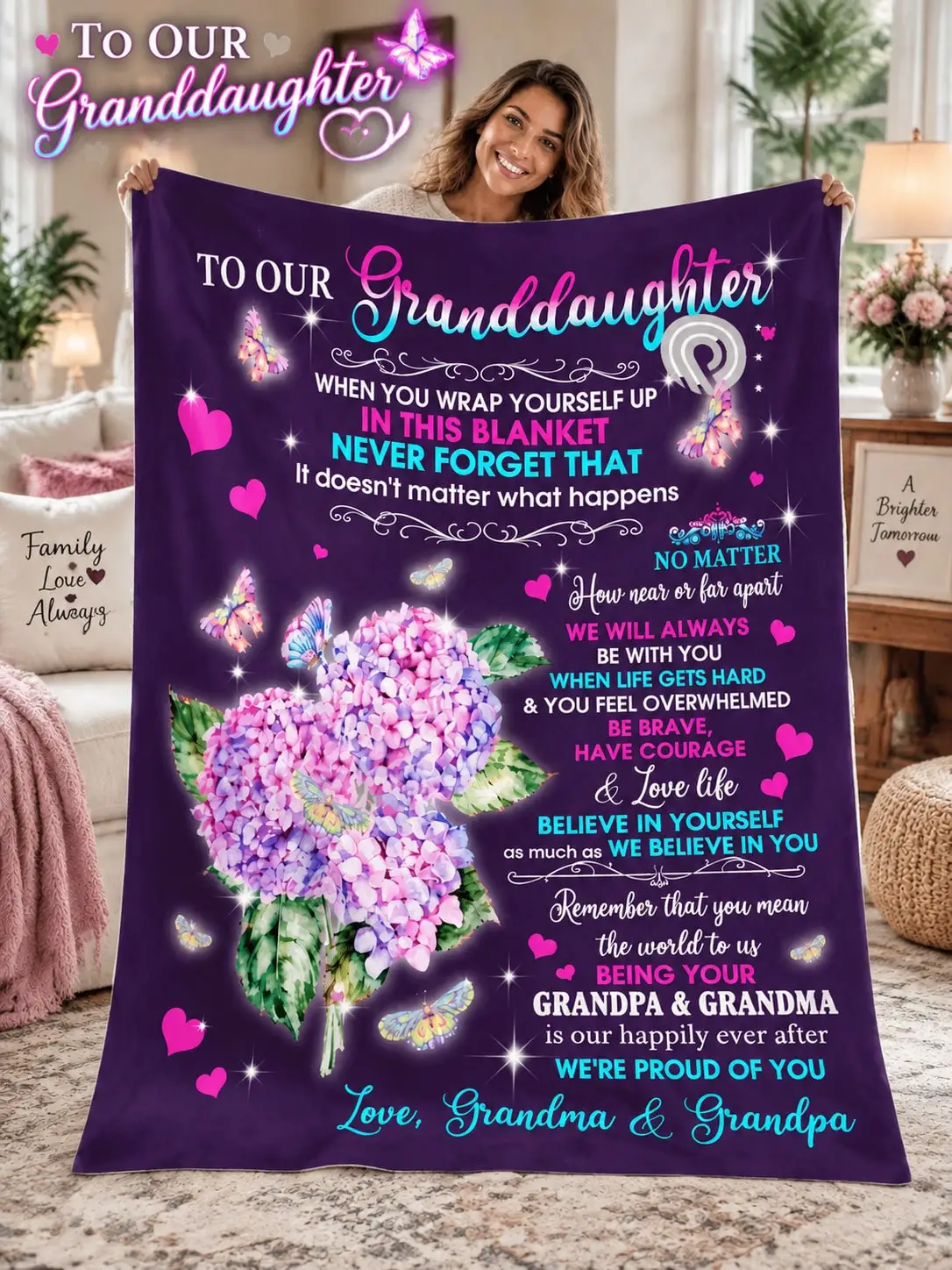Granddaughter Family Love Flannel Blankets & Throws Hydrangea Butterfly Message Gift From Grandparents Birthday Christmas Thanksgiving Anniversary Bed Sofa Couch Bedroom Living Room Nap Reading Travel Camping Home Decor Office Dorm Picnic Holiday